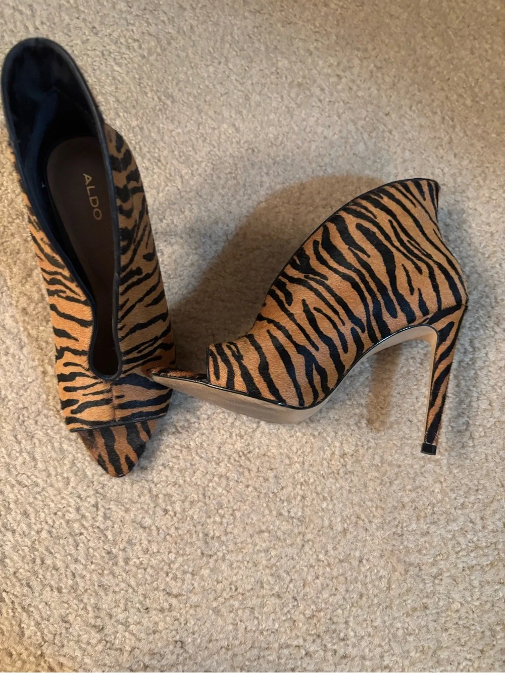 ALDO Tiger-Print Peep-Toe Heels in Brown and Black